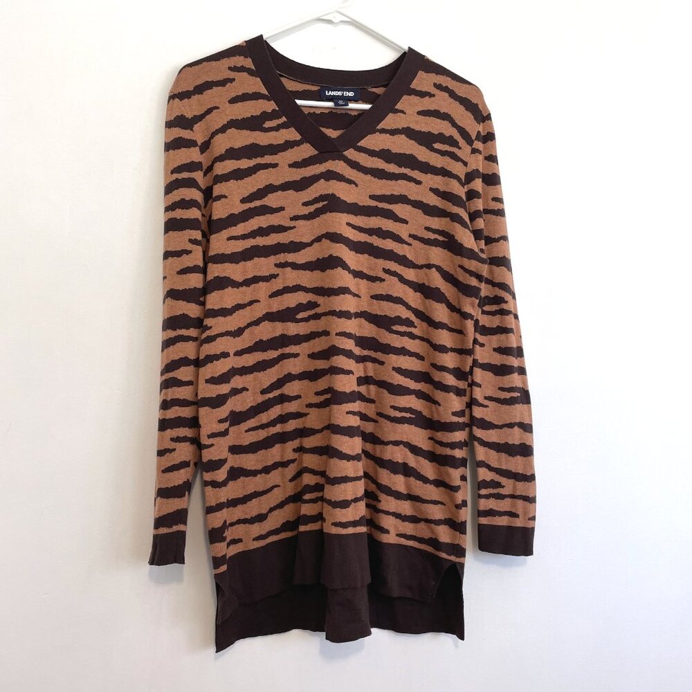 LANDS' END Cotton V-Neck Tunic Sweater Tan Brown Zebra Animal Print Lightweight